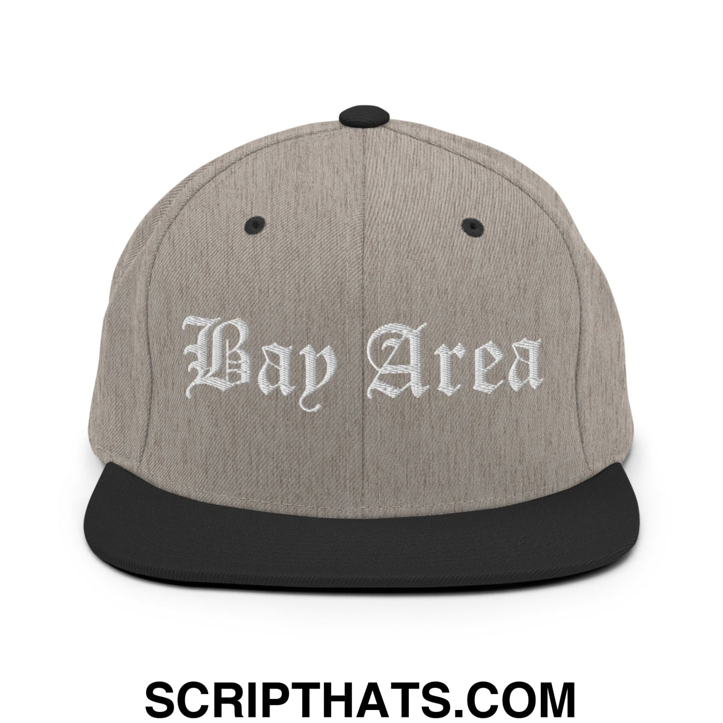Bay Area Old English Embroidered Flat Bill Brim Snapback Hat Heather Black