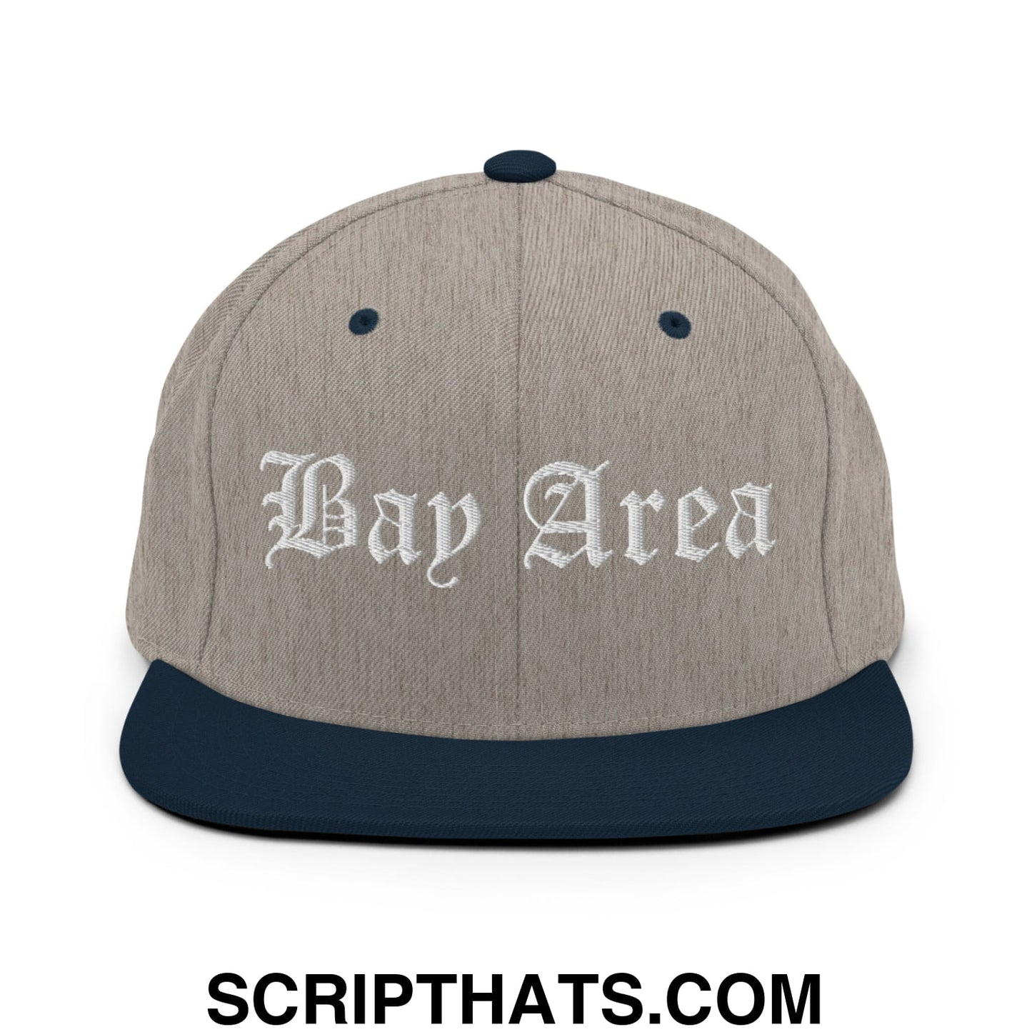 Bay Area Old English Embroidered Flat Bill Brim Snapback Hat Heather Grey Navy