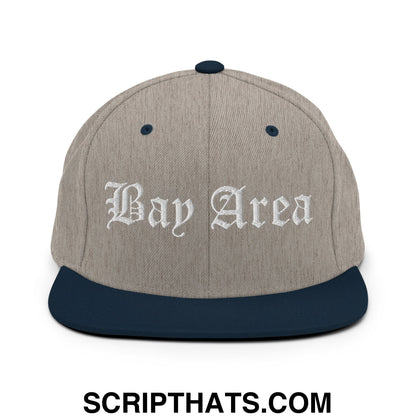Bay Area Old English Embroidered Flat Bill Brim Snapback Hat Heather Grey Navy
