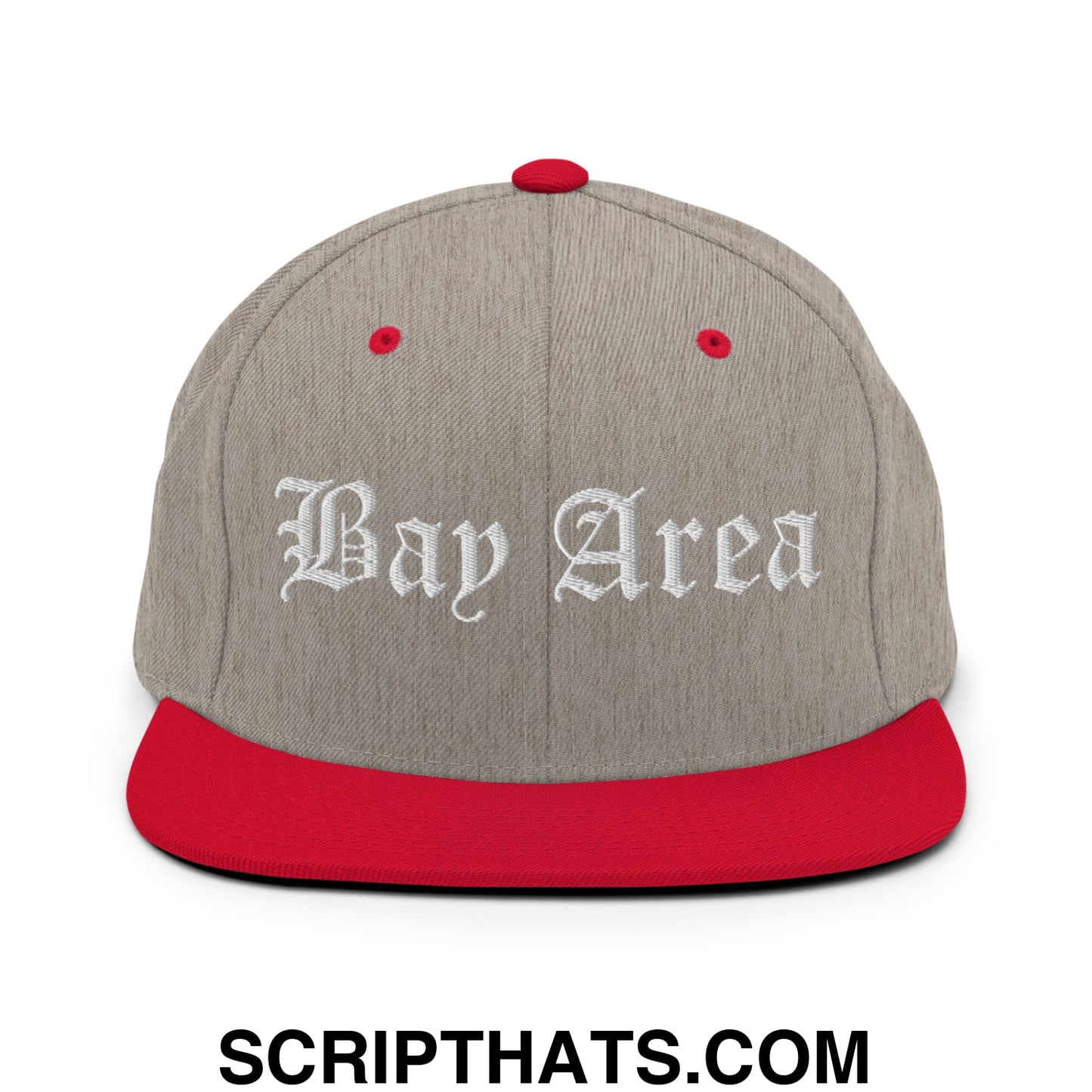 Bay Area Old English Embroidered Flat Bill Brim Snapback Hat Heather Grey Red