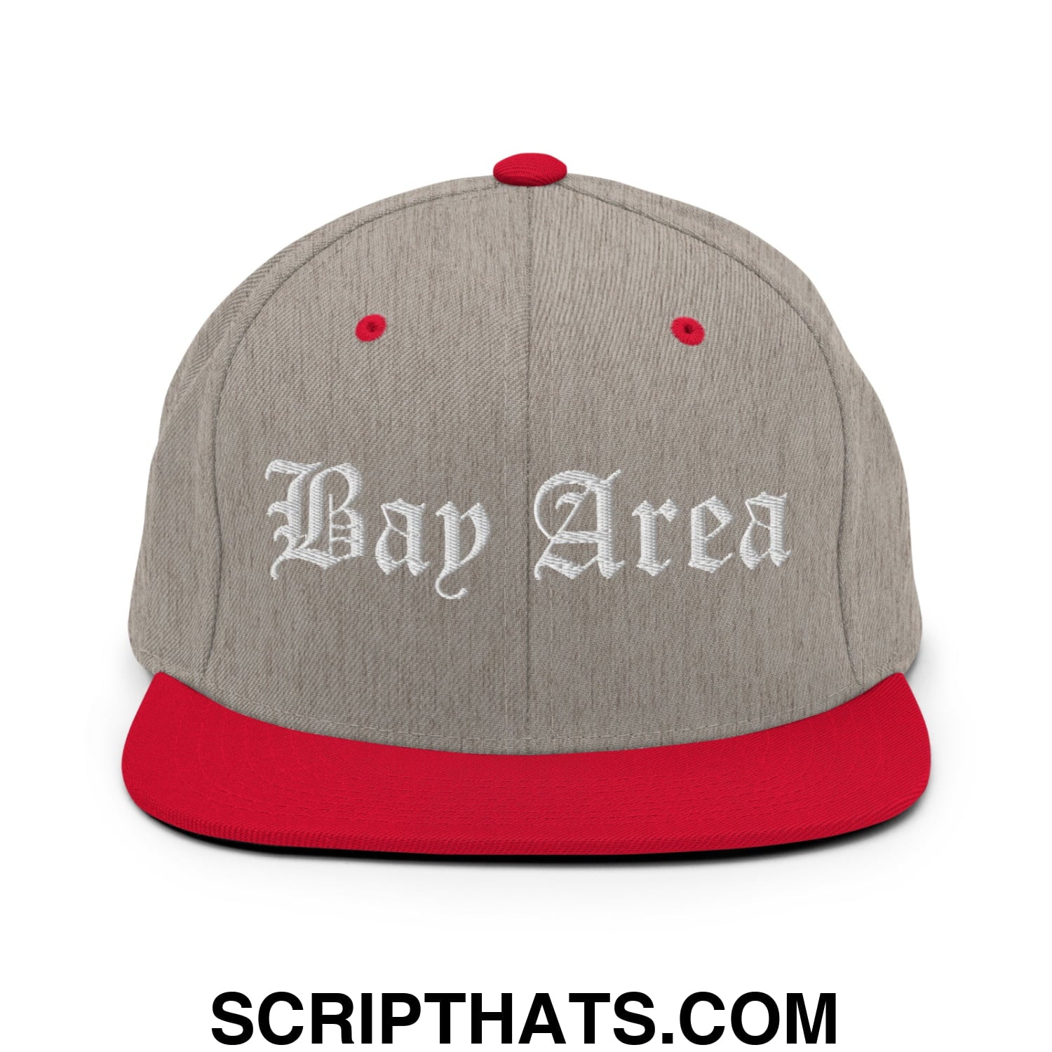 Bay Area Old English Embroidered Flat Bill Brim Snapback Hat Heather Grey Red