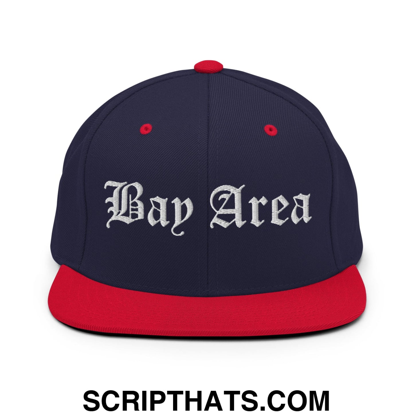 Bay Area Old English Embroidered Flat Bill Brim Snapback Hat Navy Red