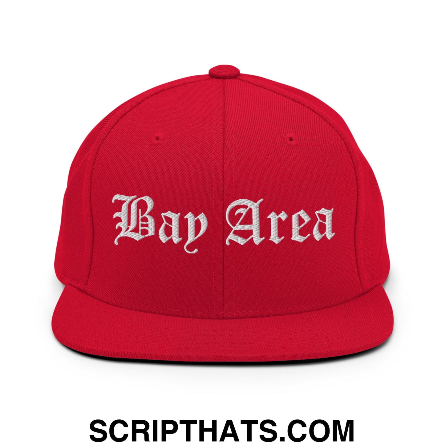 Bay Area Old English Embroidered Flat Bill Brim Snapback Hat Red