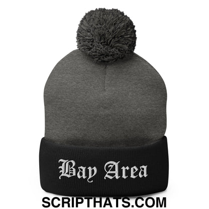 Bay Area Old English Embroidered Knit Pom Pom Beanie Dark Heather Grey Black