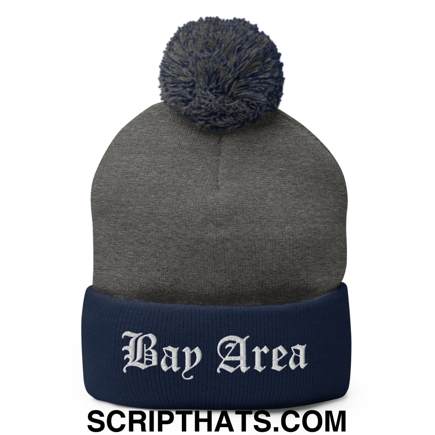 Bay Area Old English Embroidered Knit Pom Pom Beanie Dark Heather Grey Navy