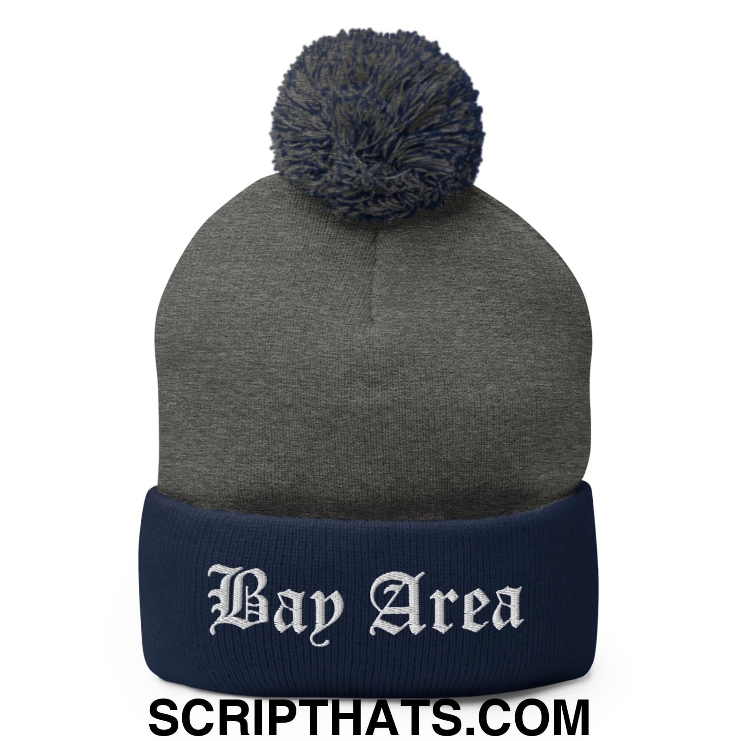 Bay Area Old English Embroidered Knit Pom Pom Beanie Dark Heather Grey Navy
