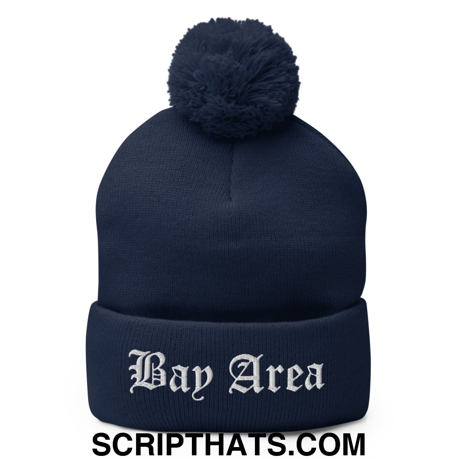 Bay Area Old English Embroidered Knit Pom Pom Beanie Navy