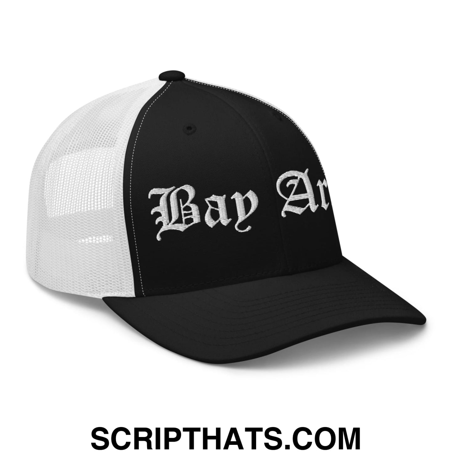 Bay Area Old English Embroidered Mesh Trucker Hat Black White