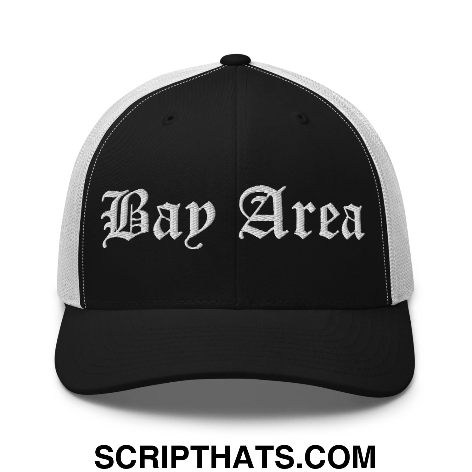 Bay Area Old English Embroidered Mesh Trucker Hat Black White