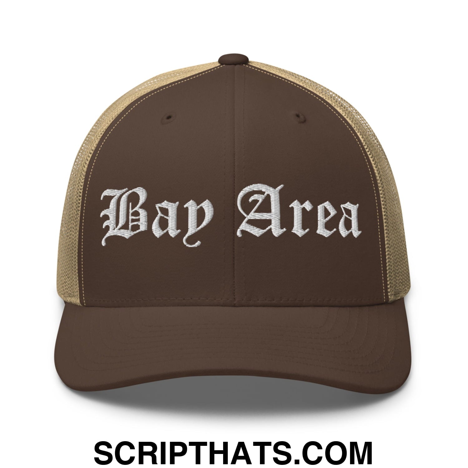 Bay Area Old English Embroidered Mesh Trucker Hat Brown Khaki