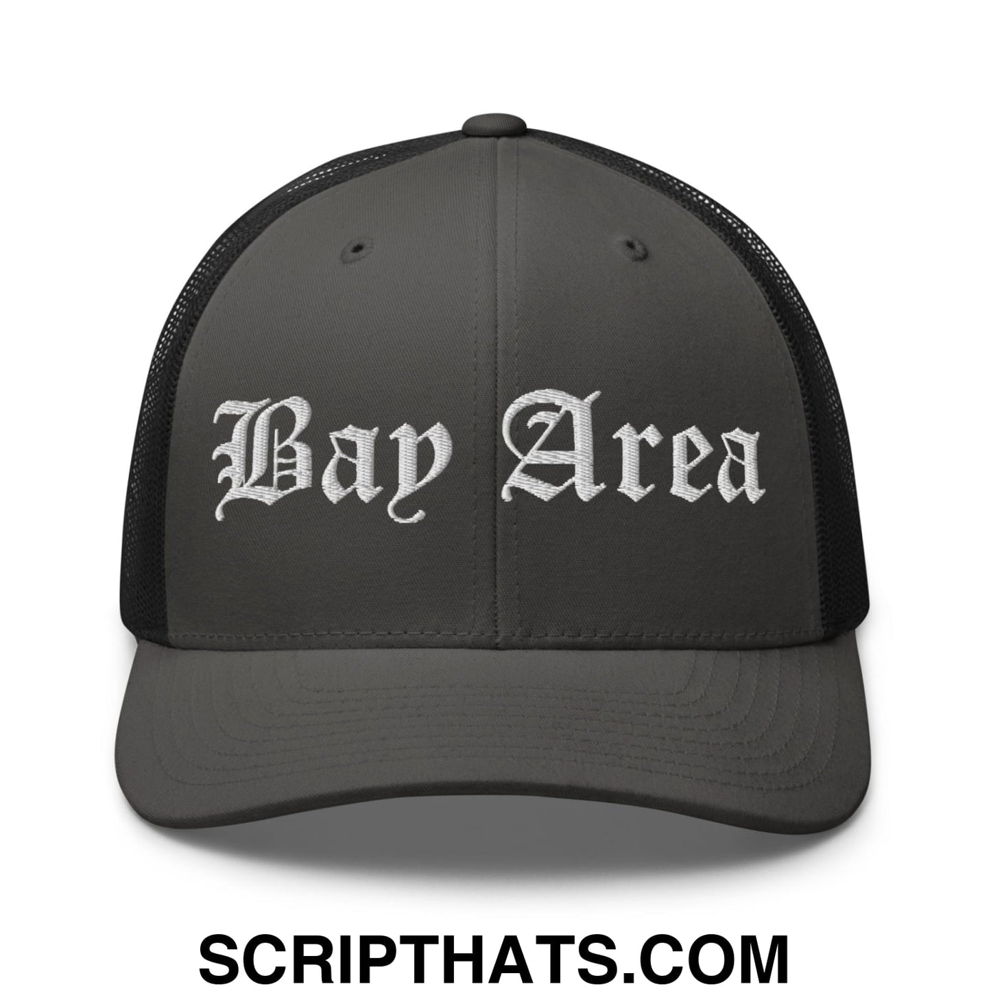 Bay Area Old English Embroidered Mesh Trucker Hat Charcoal Black