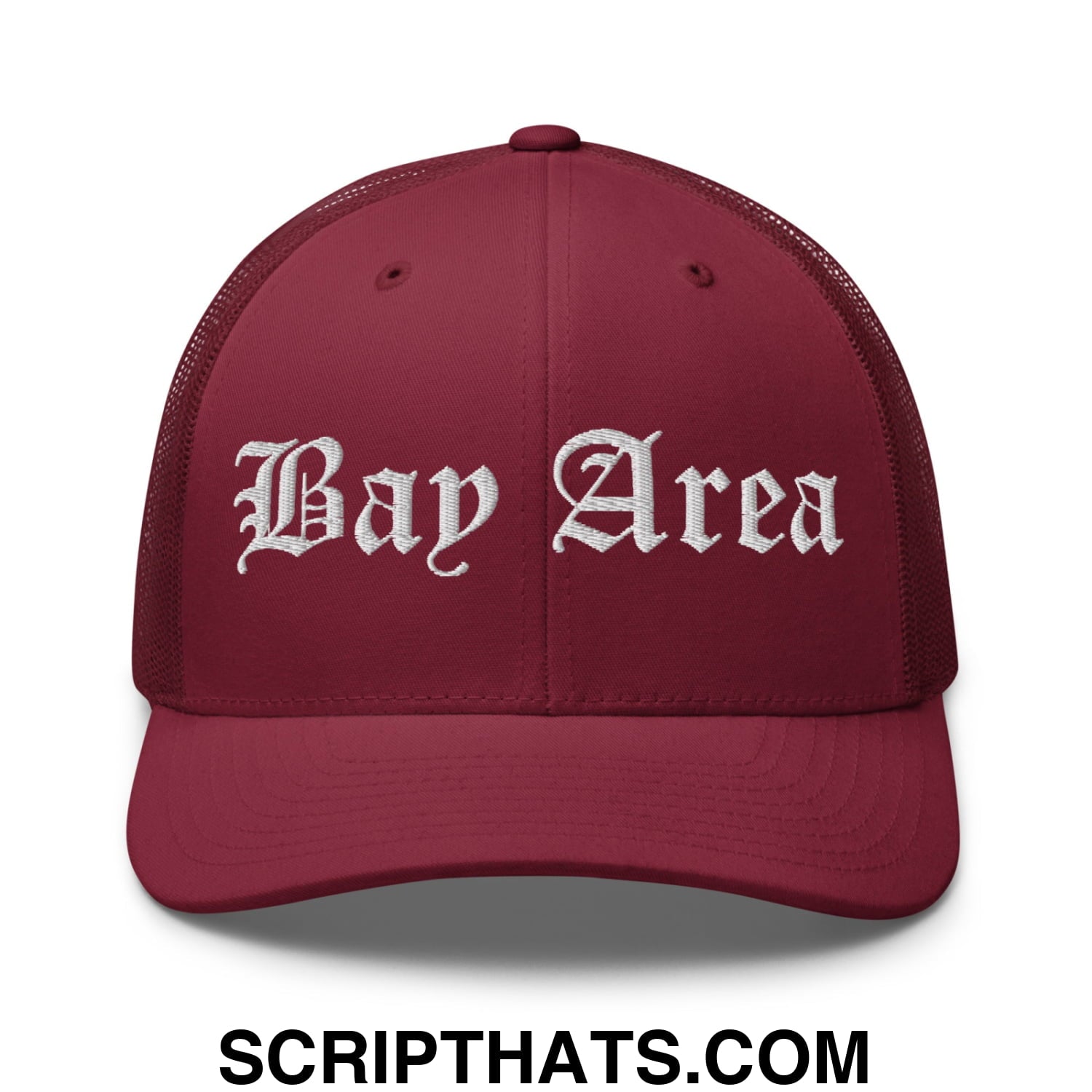 Bay Area Old English Embroidered Mesh Trucker Hat Cranberry