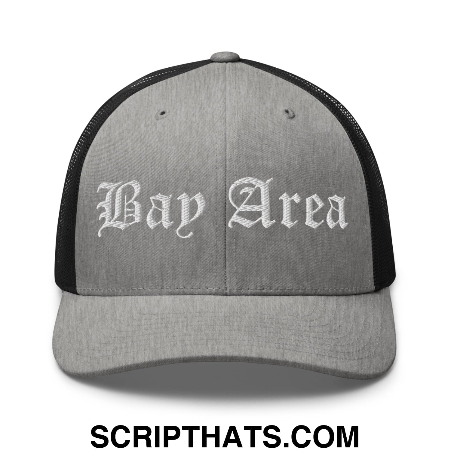 Bay Area Old English Embroidered Mesh Trucker Hat Heather Black