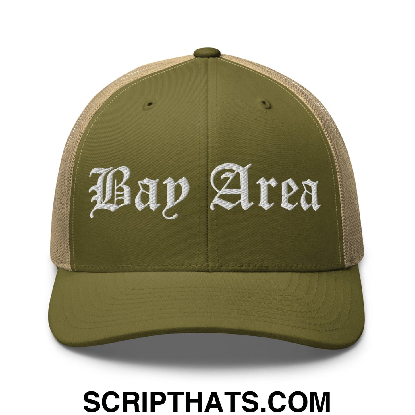 Bay Area Old English Embroidered Mesh Trucker Hat Moss Khaki