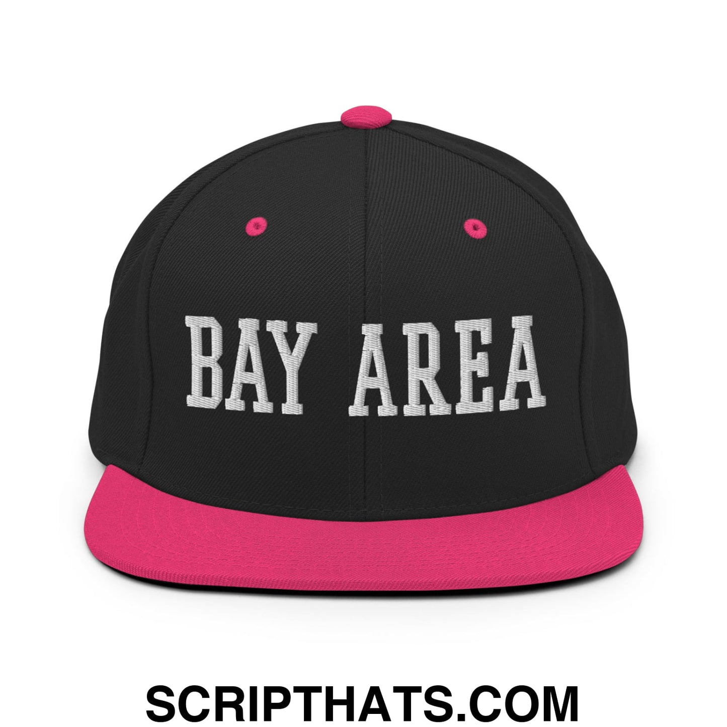 Bay Area Varsity College Block Embroidered Flat Bill Brim Snapback Hat Black Neon Pink