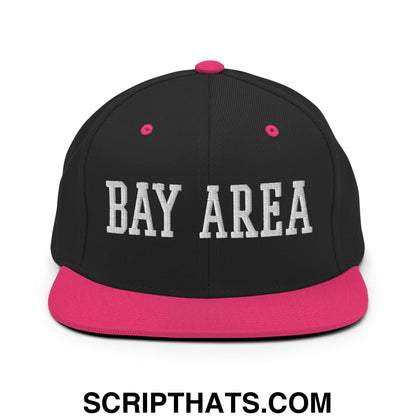 Bay Area Varsity College Block Embroidered Flat Bill Brim Snapback Hat Black Neon Pink
