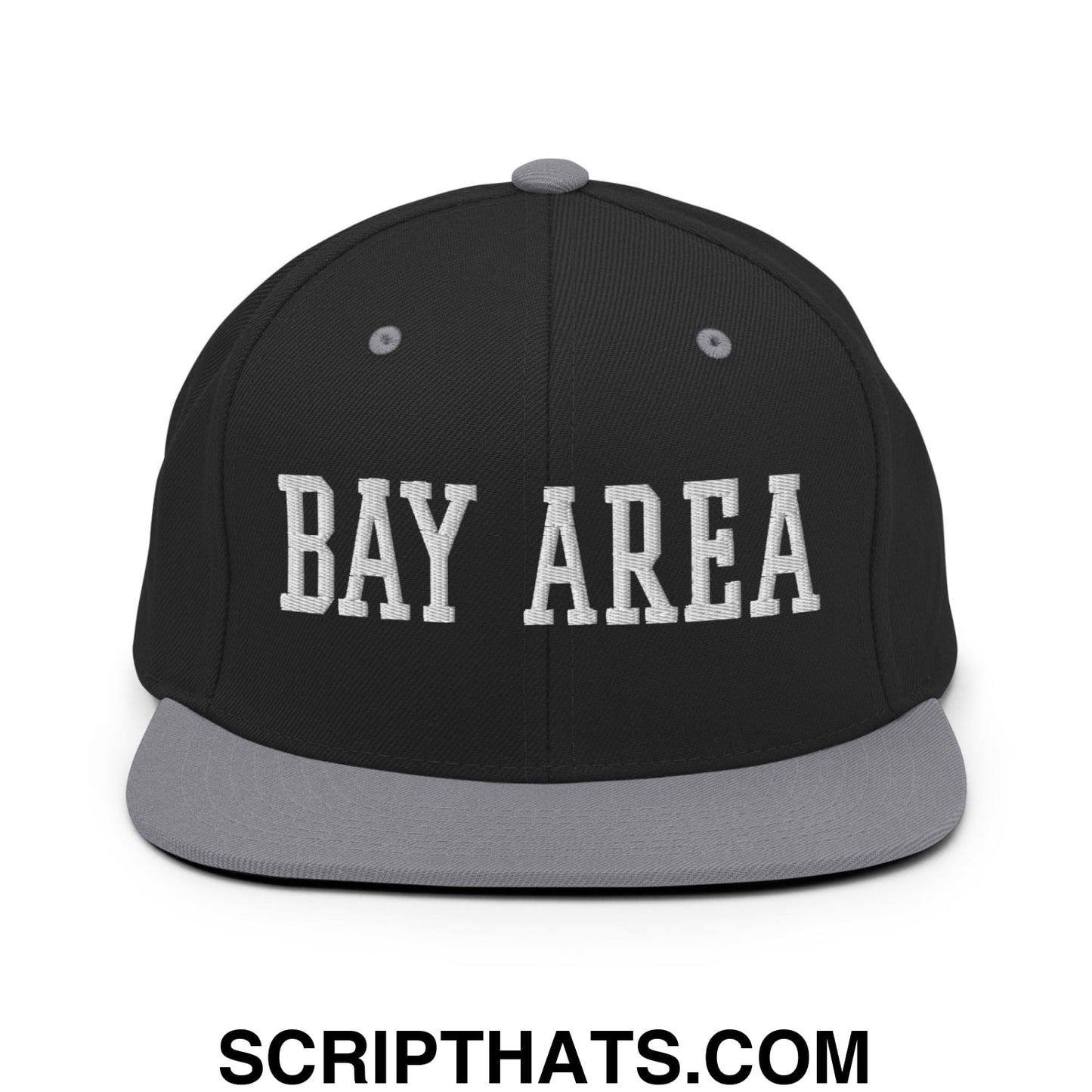Bay Area Varsity College Block Embroidered Flat Bill Brim Snapback Hat Black Silver