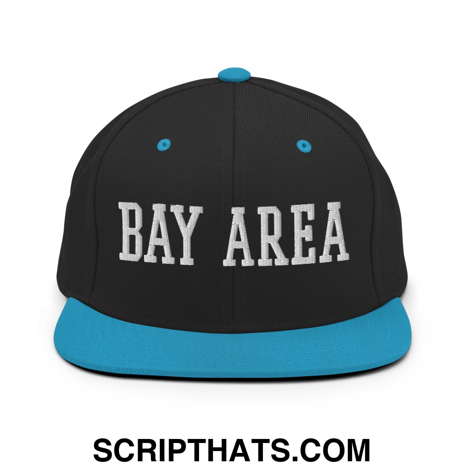 Bay Area Varsity College Block Embroidered Flat Bill Brim Snapback Hat Black Teal
