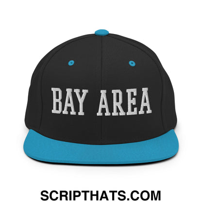 Bay Area Varsity College Block Embroidered Flat Bill Brim Snapback Hat Black Teal