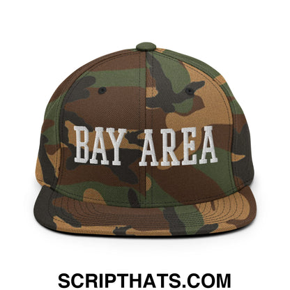 Bay Area Varsity College Block Embroidered Flat Bill Brim Snapback Hat Green Camo