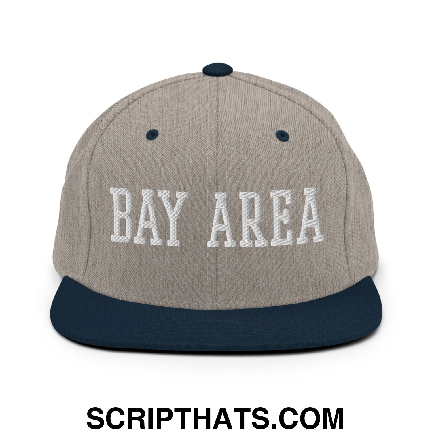 Bay Area Varsity College Block Embroidered Flat Bill Brim Snapback Hat Heather Grey Navy