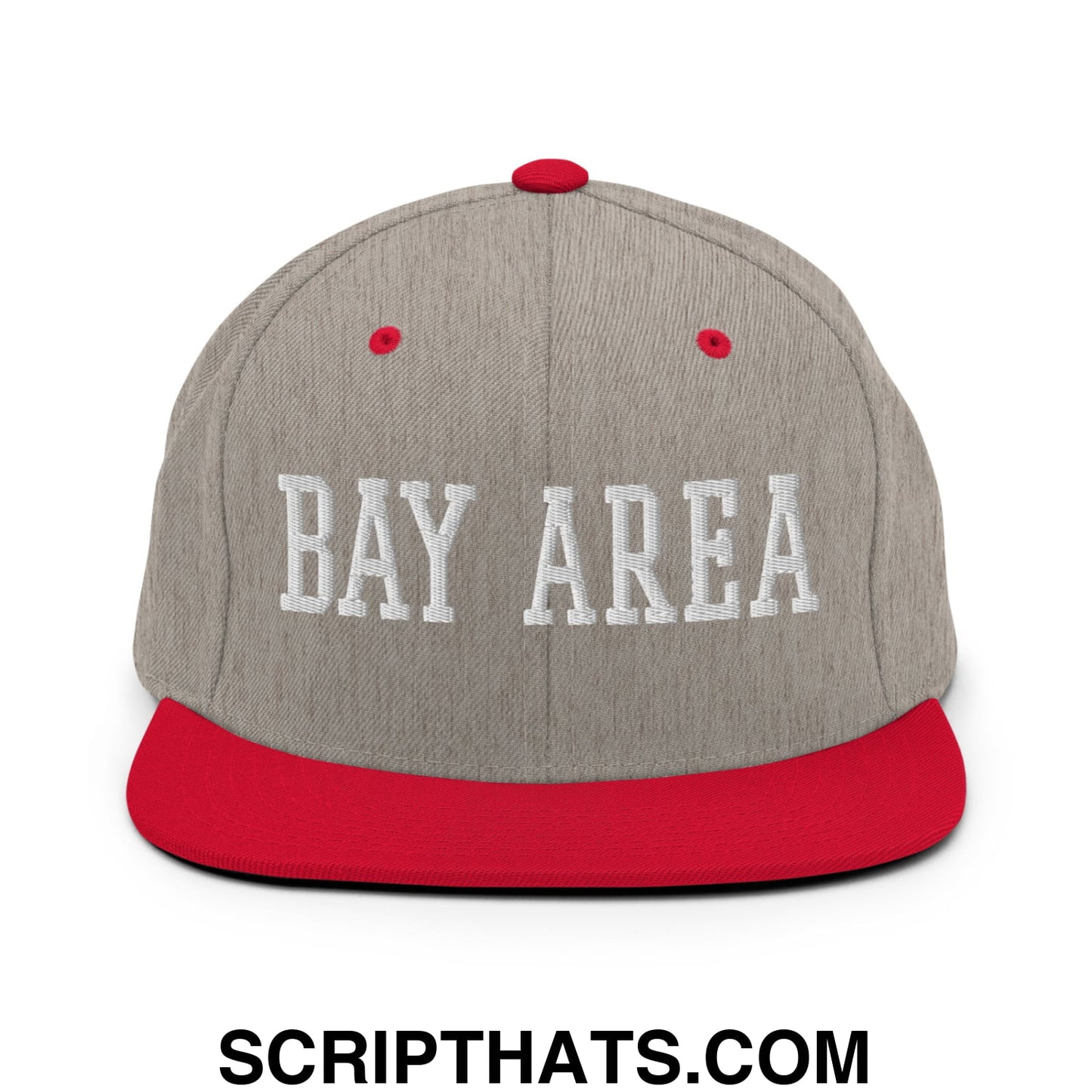 Bay Area Varsity College Block Embroidered Flat Bill Brim Snapback Hat Heather Grey Red
