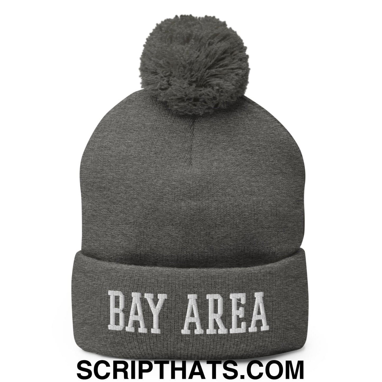 Bay Area Varsity College Block Embroidered Knit Pom Pom Beanie Dark Heather Grey