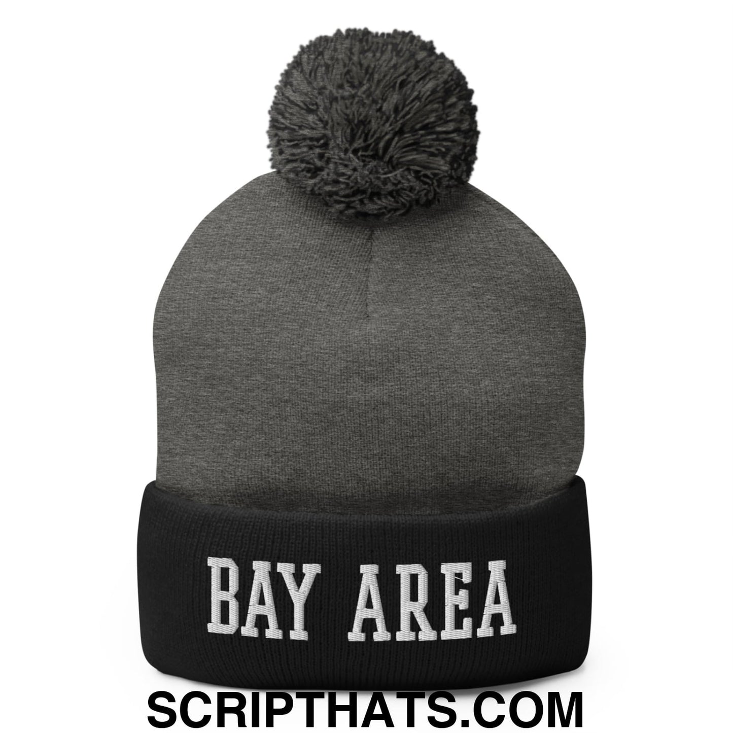 Bay Area Varsity College Block Embroidered Knit Pom Pom Beanie Dark Heather Grey Black