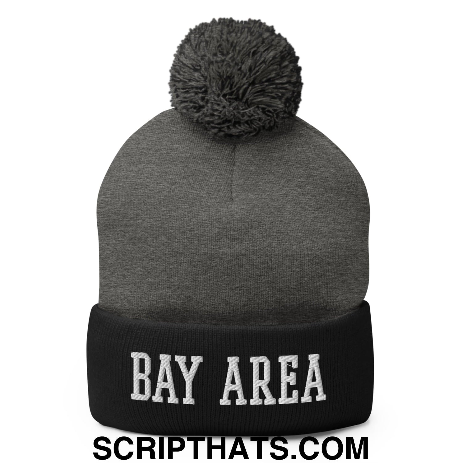 Bay Area Varsity College Block Embroidered Knit Pom Pom Beanie Dark Heather Grey Black