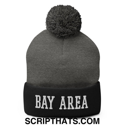 Bay Area Varsity College Block Embroidered Knit Pom Pom Beanie Dark Heather Grey Black