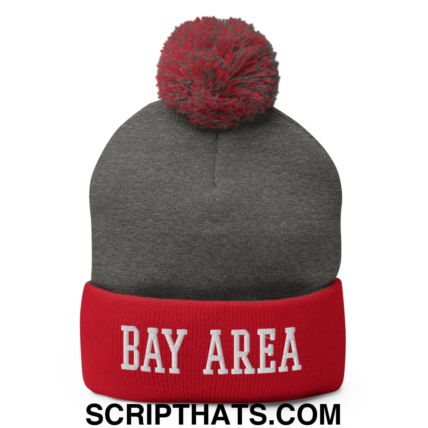 Bay Area Varsity College Block Embroidered Knit Pom Pom Beanie Dark Heather Grey Red