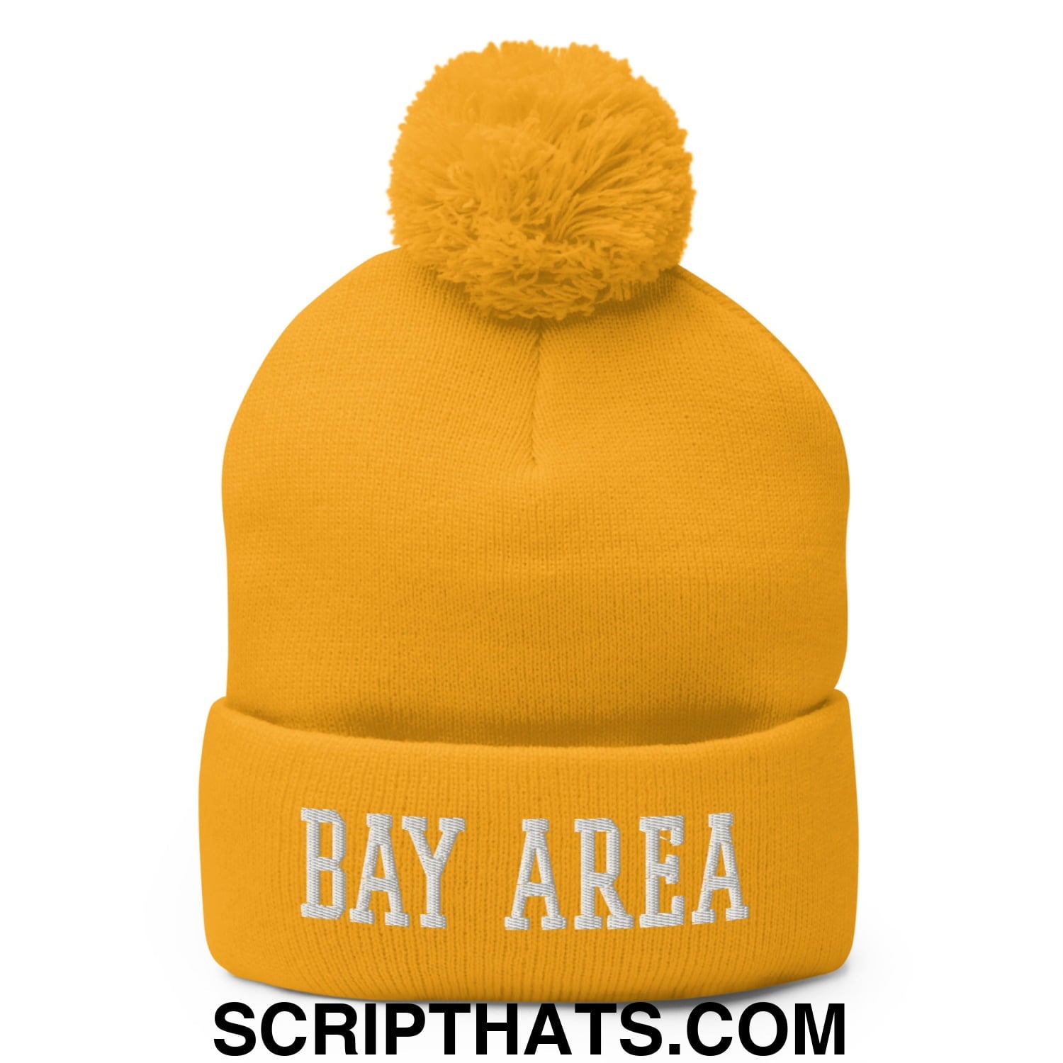 Bay Area Varsity College Block Embroidered Knit Pom Pom Beanie Gold
