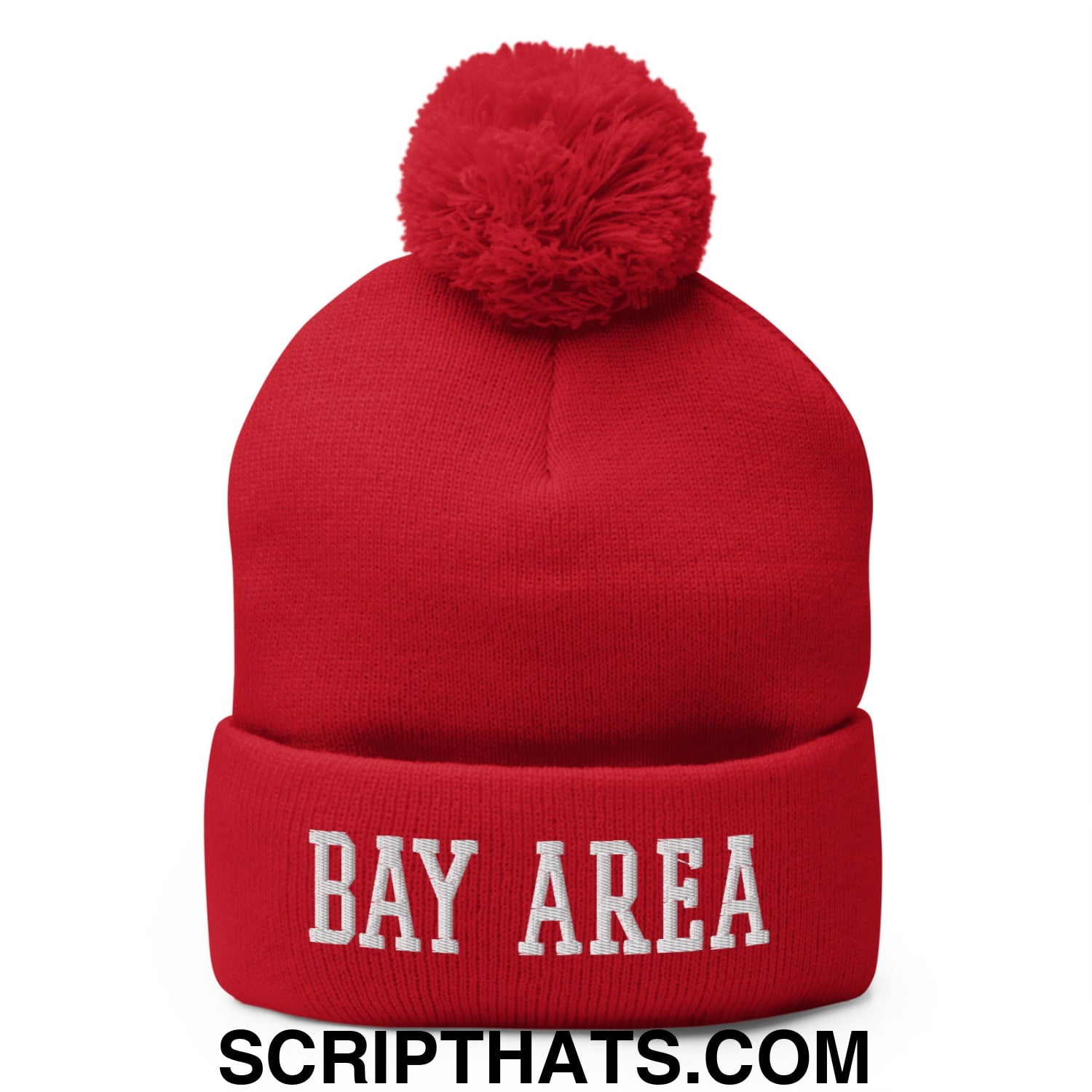 Bay Area Varsity College Block Embroidered Knit Pom Pom Beanie Red