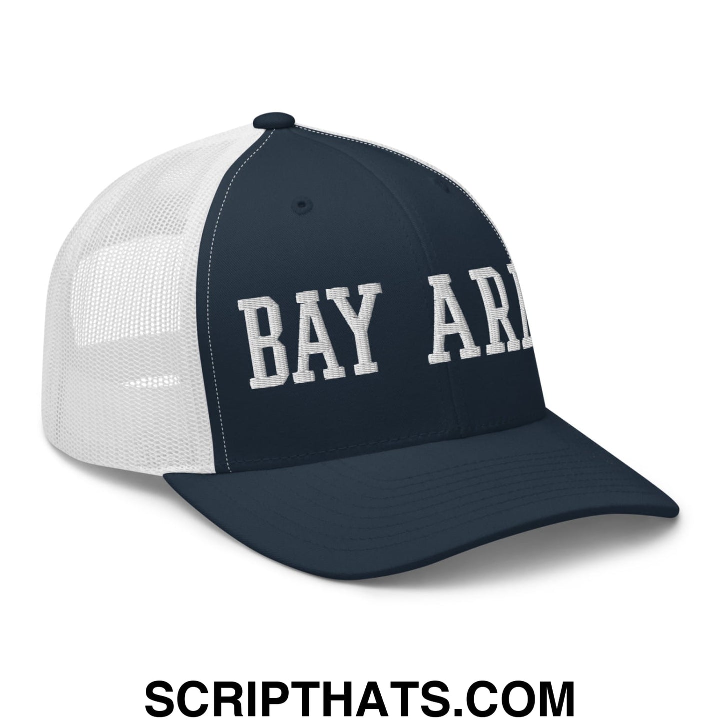 Bay Area Varsity College Block Embroidered Mesh Trucker Hat Navy White