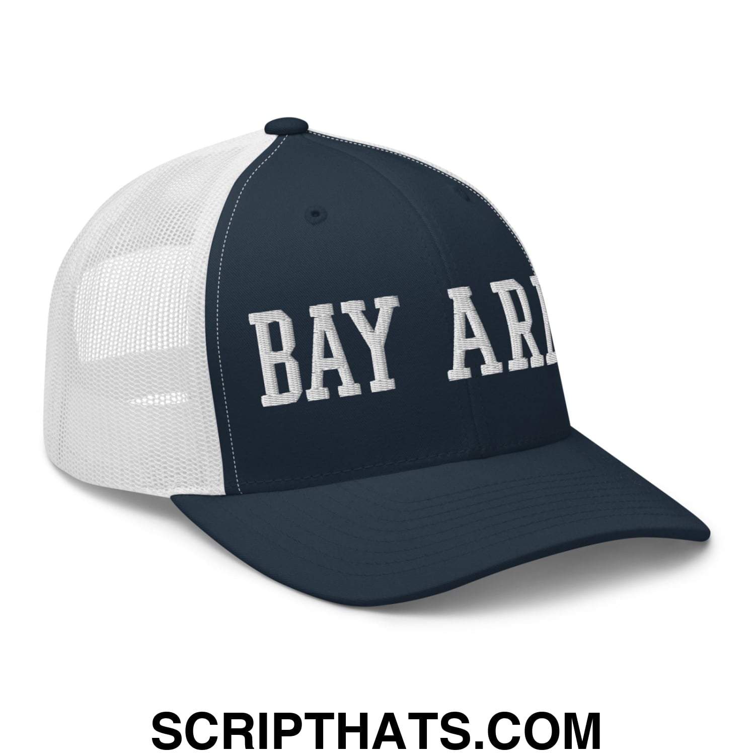 Bay Area Varsity College Block Embroidered Mesh Trucker Hat Navy White