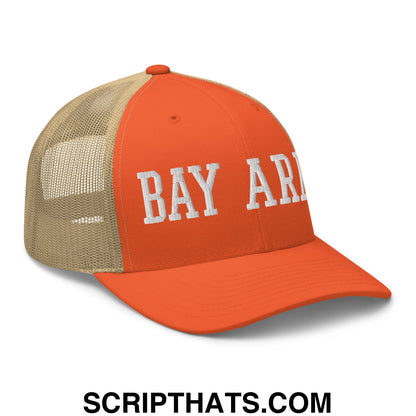 Bay Area Varsity College Block Embroidered Mesh Trucker Hat Rustic Orange Khaki