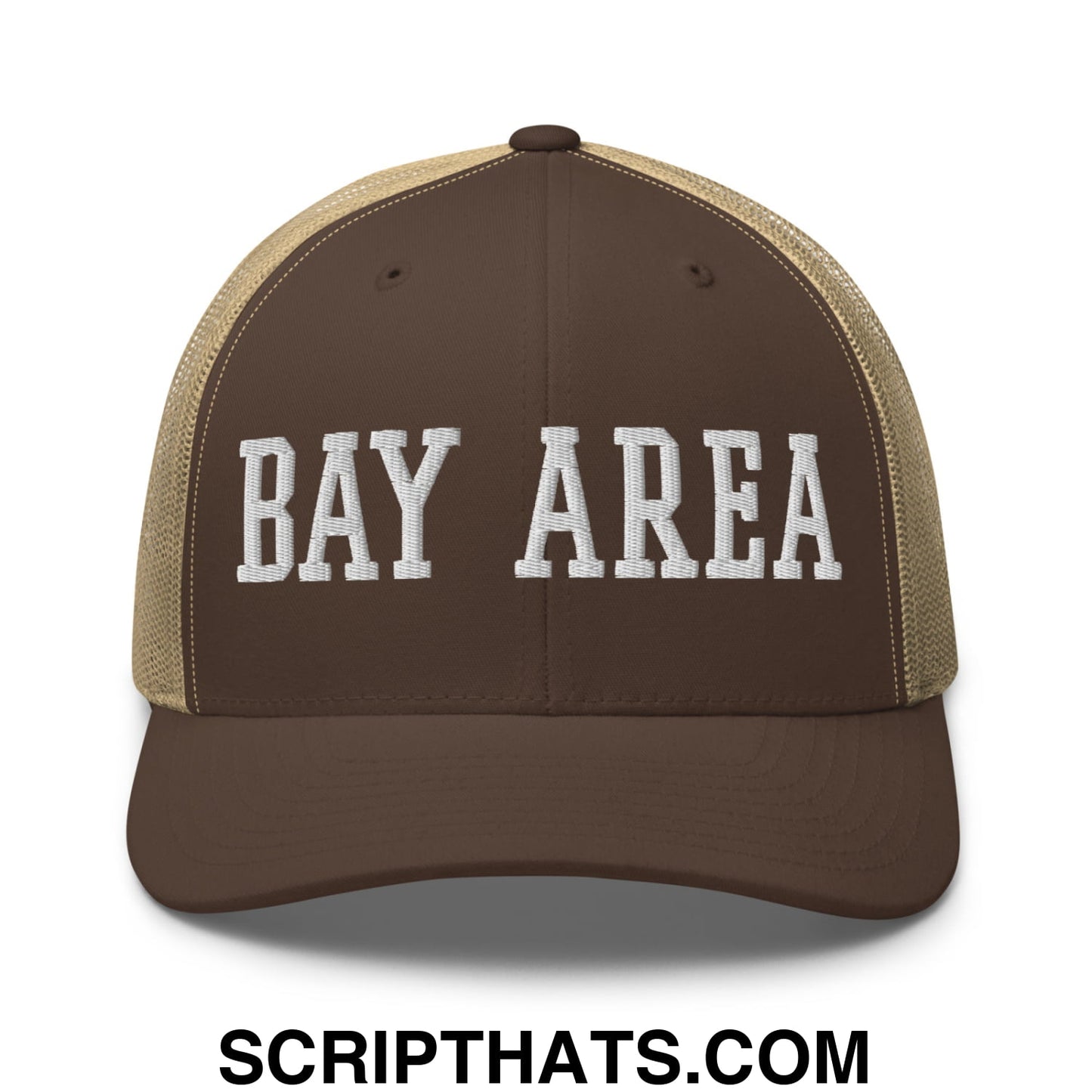 Bay Area Varsity College Block Embroidered Mesh Trucker Hat Brown Khaki