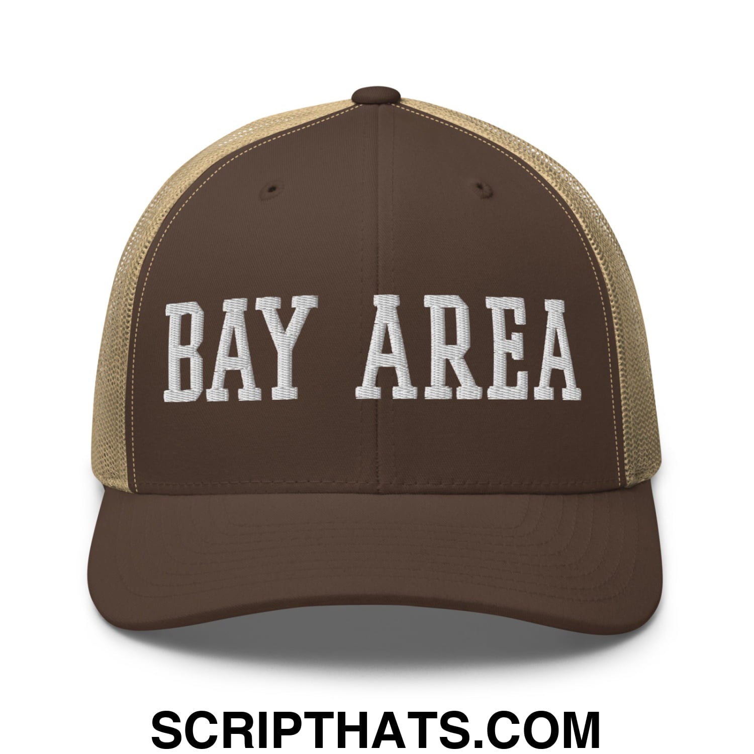 Bay Area Varsity College Block Embroidered Mesh Trucker Hat Brown Khaki