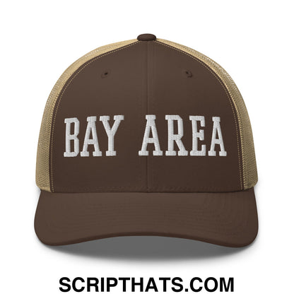 Bay Area Varsity College Block Embroidered Mesh Trucker Hat Brown Khaki