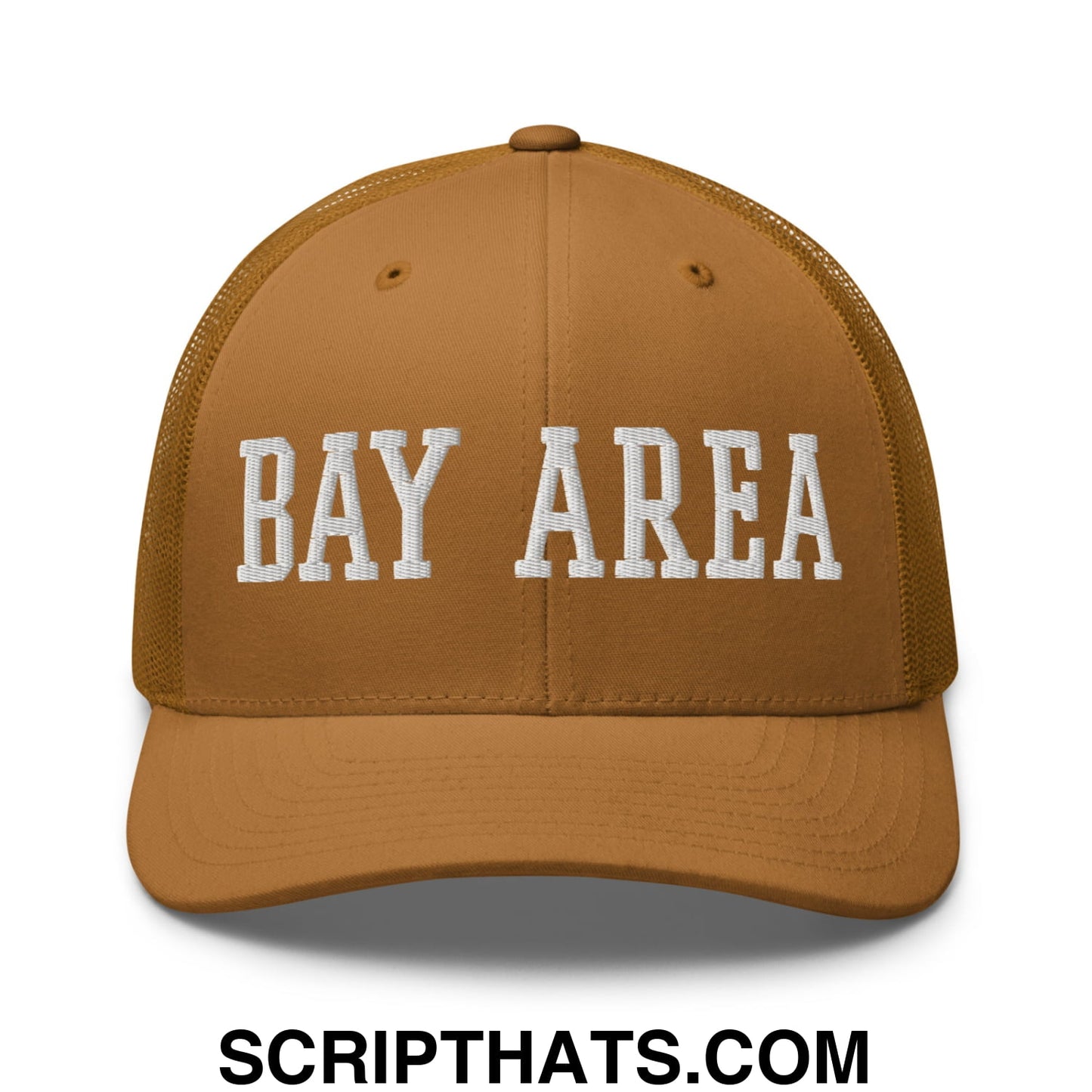 Bay Area Varsity College Block Embroidered Mesh Trucker Hat Caramel
