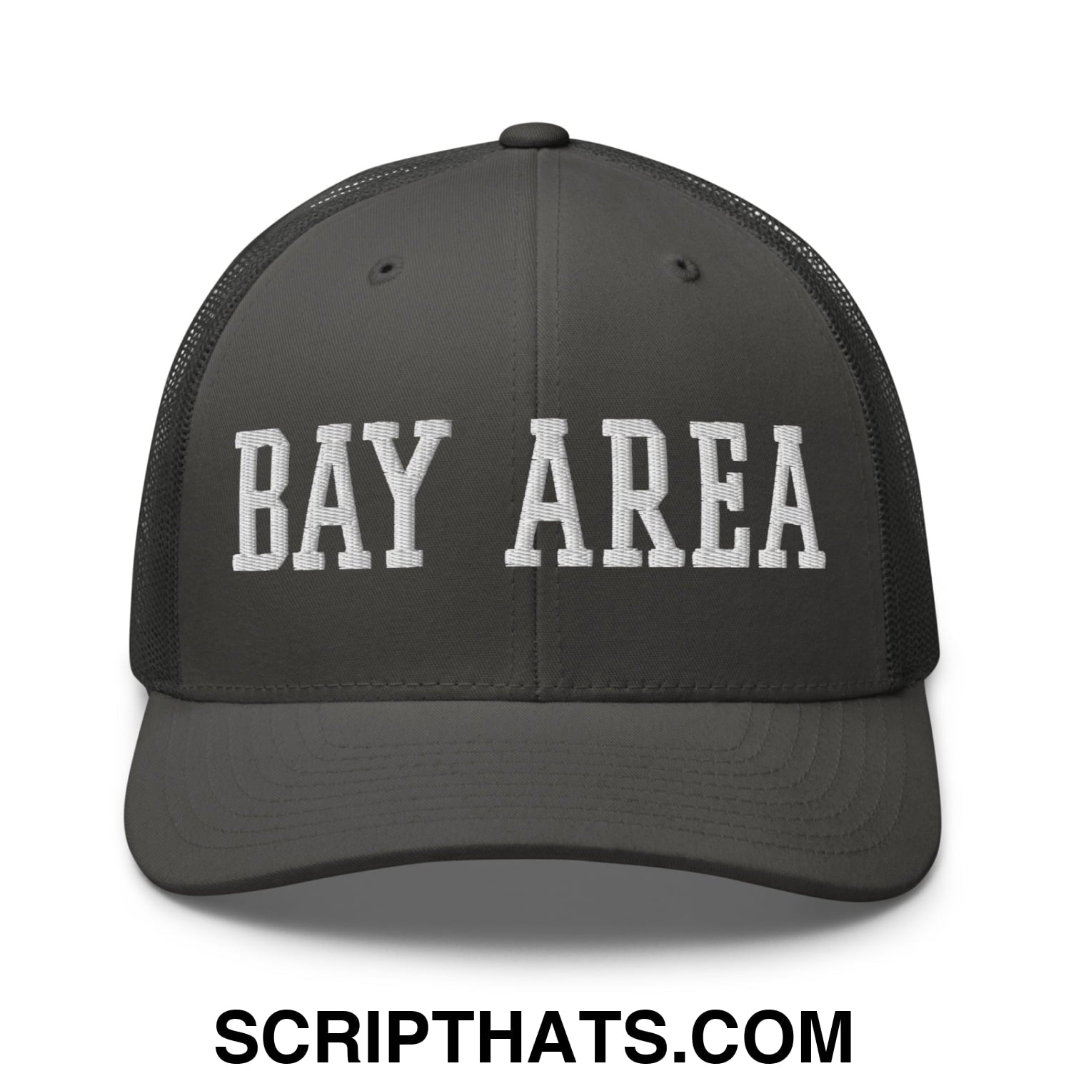 Bay Area Varsity College Block Embroidered Mesh Trucker Hat Charcoal