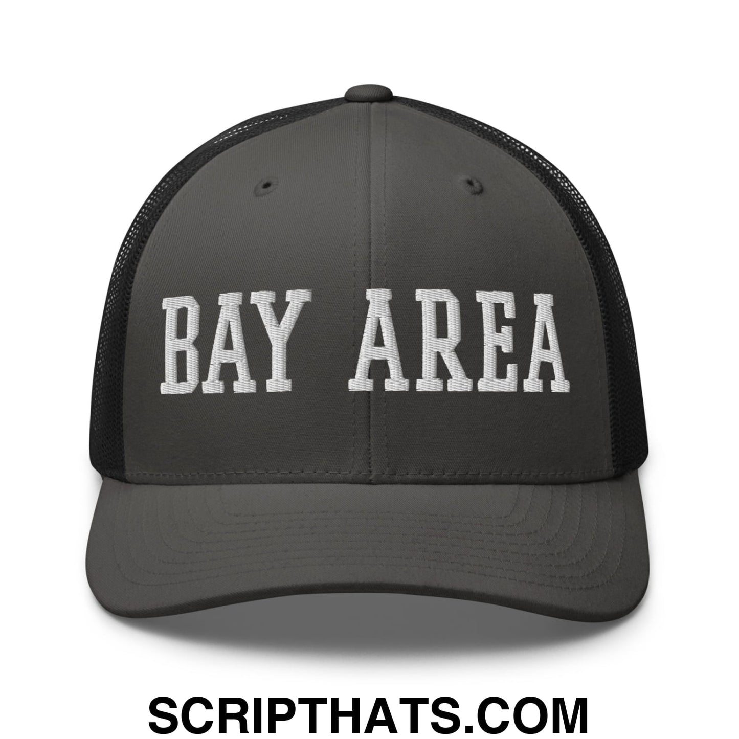 Bay Area Varsity College Block Embroidered Mesh Trucker Hat Charcoal Black