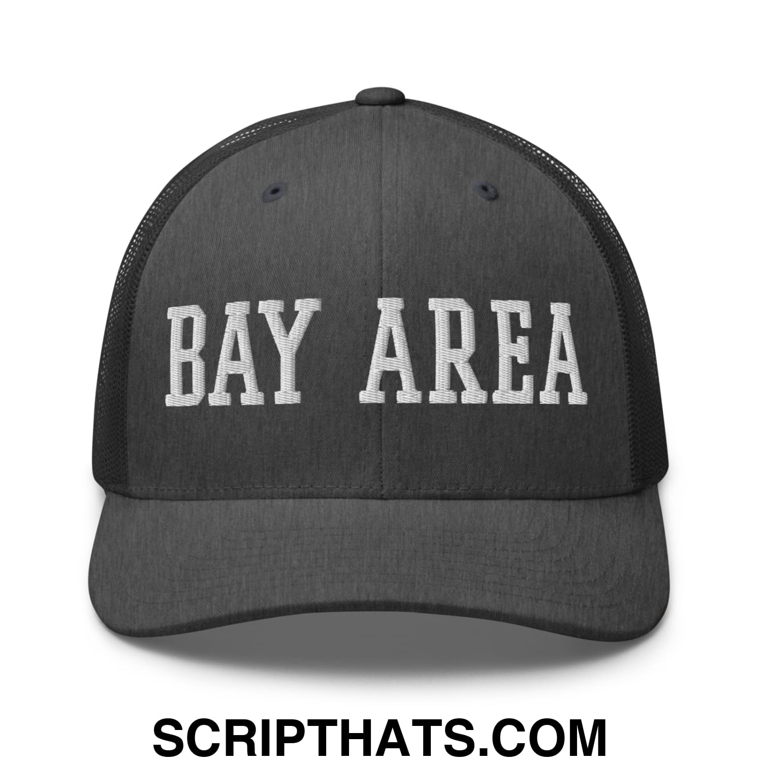 Bay Area Varsity College Block Embroidered Mesh Trucker Hat Dark Heather Gray