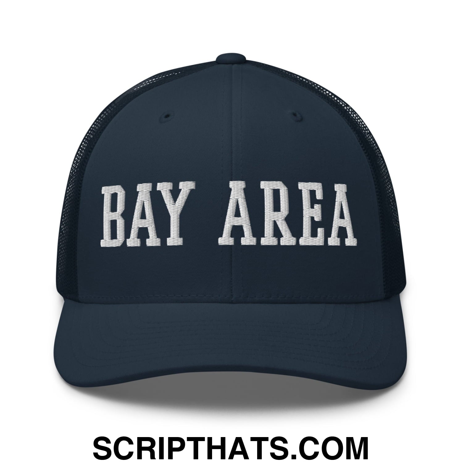 Bay Area Varsity College Block Embroidered Mesh Trucker Hat Navy