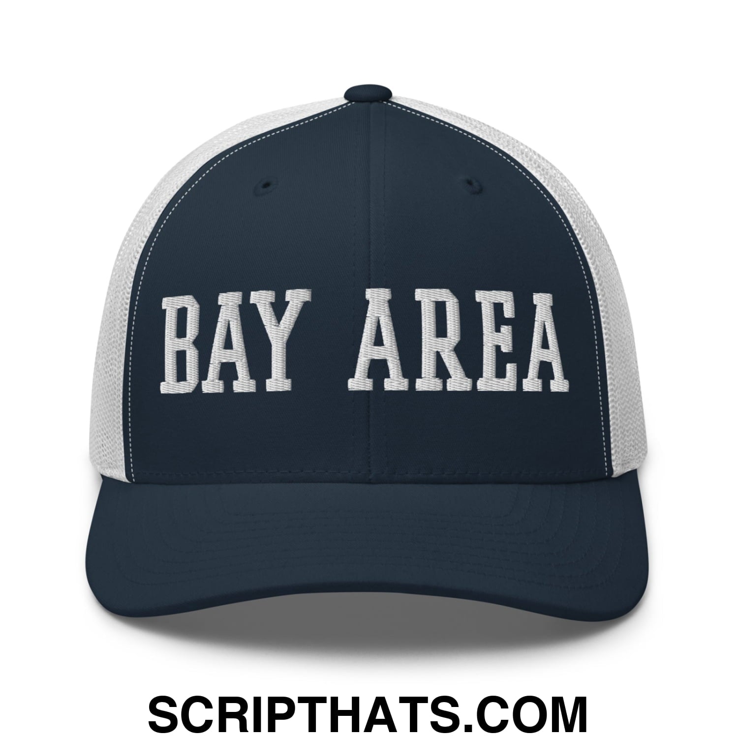 Bay Area Varsity College Block Embroidered Mesh Trucker Hat Navy White