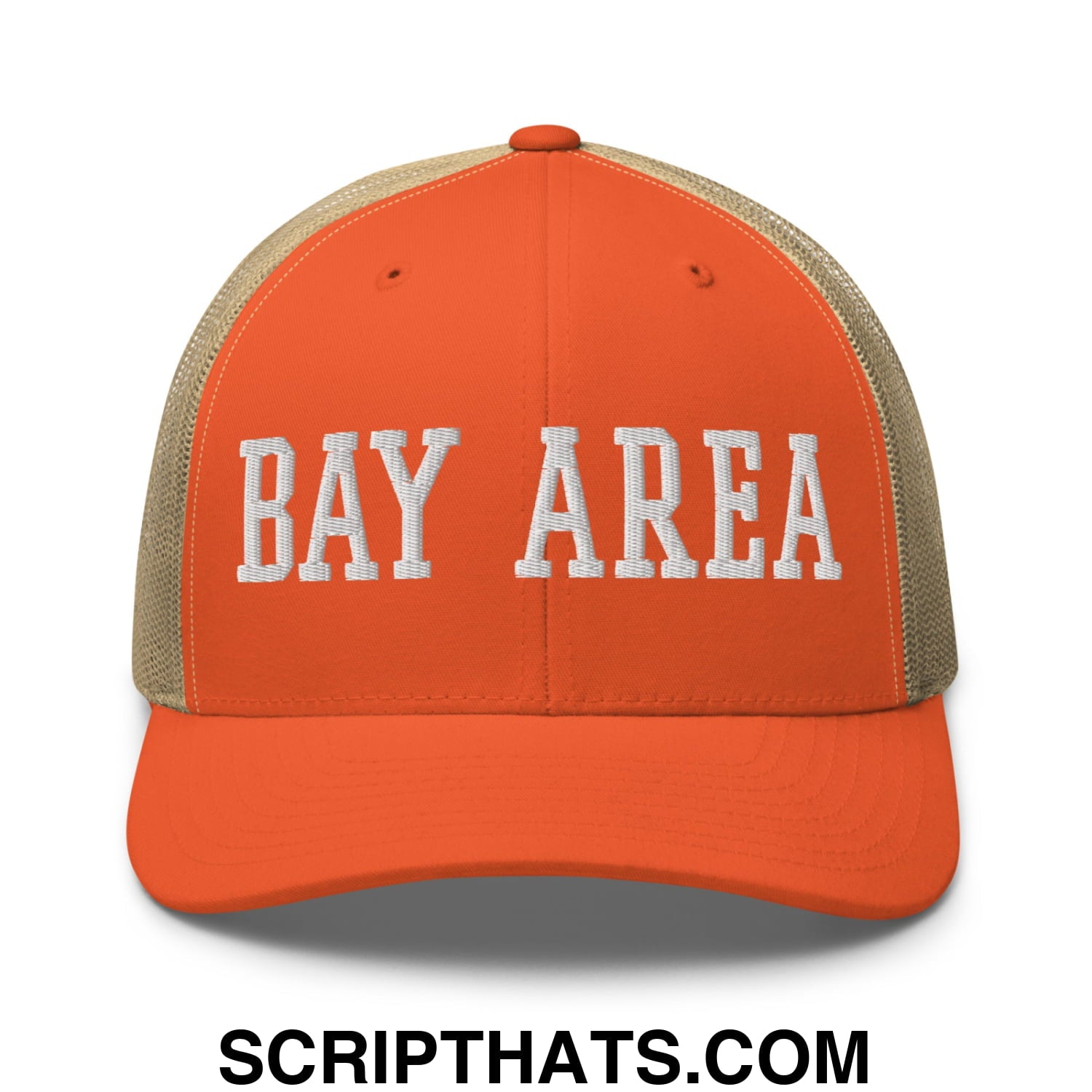Bay Area Varsity College Block Embroidered Mesh Trucker Hat Rustic Orange Khaki