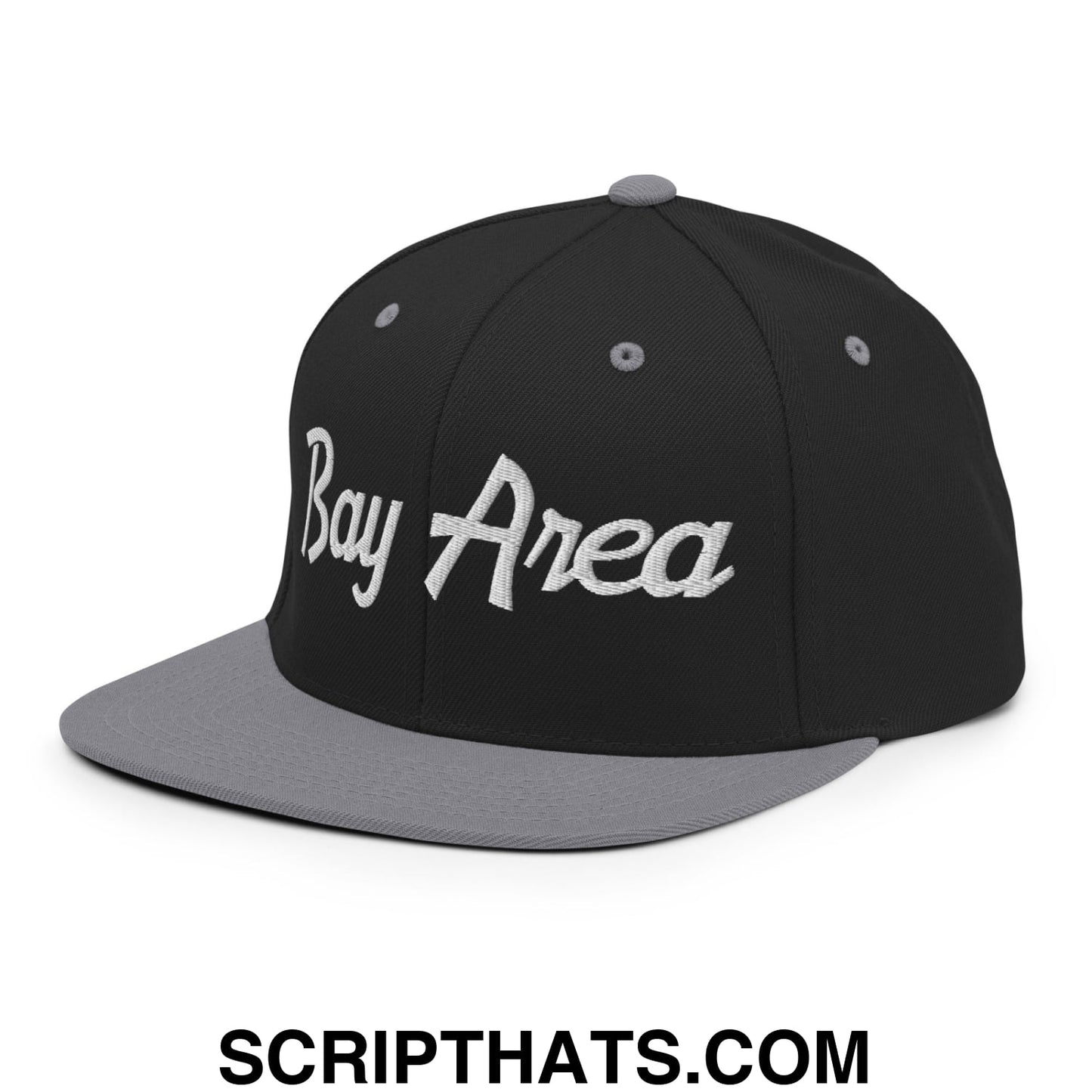 Bay Area Vintage Sports Script Embroidered Flat Bill Brim Snapback Hat Black Silver