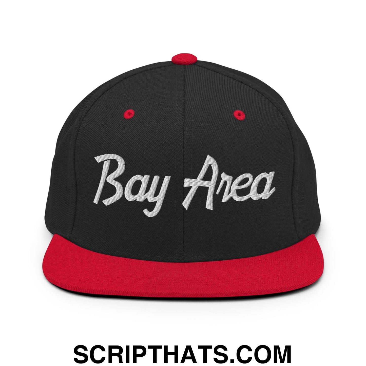 Bay Area Vintage Sports Script Embroidered Flat Bill Brim Snapback Hat Black Red