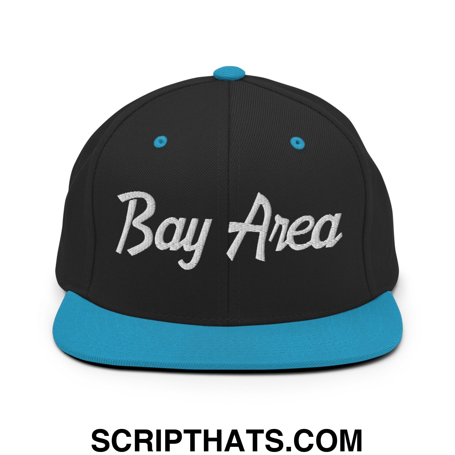 Bay Area Vintage Sports Script Embroidered Flat Bill Brim Snapback Hat Black Teal