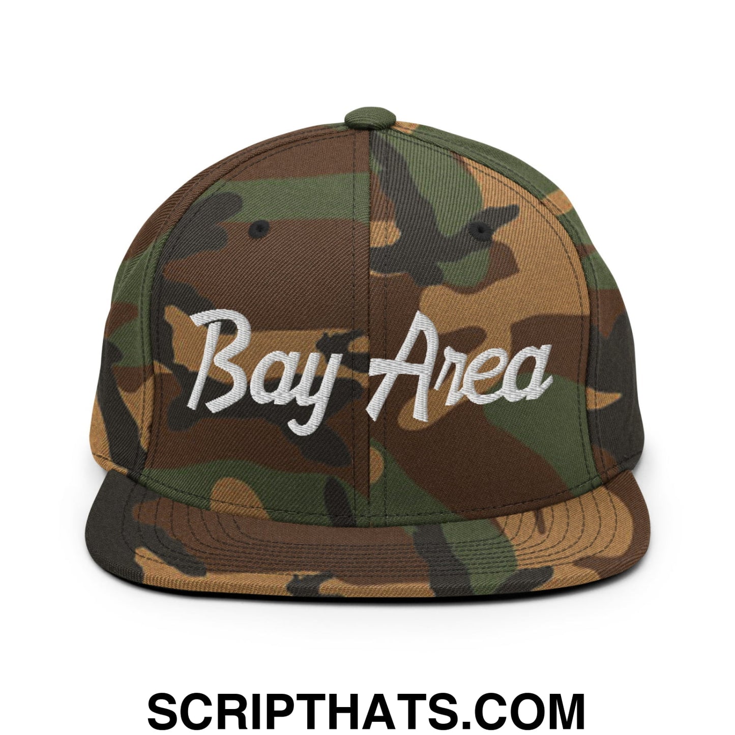 Bay Area Vintage Sports Script Embroidered Flat Bill Brim Snapback Hat Green Camo
